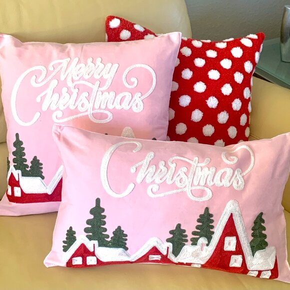 Home Textile Embroidery Shop Other - 12x20 Pink Christmas Embroidered Merry Christmas Village Throw Pillow Cover New